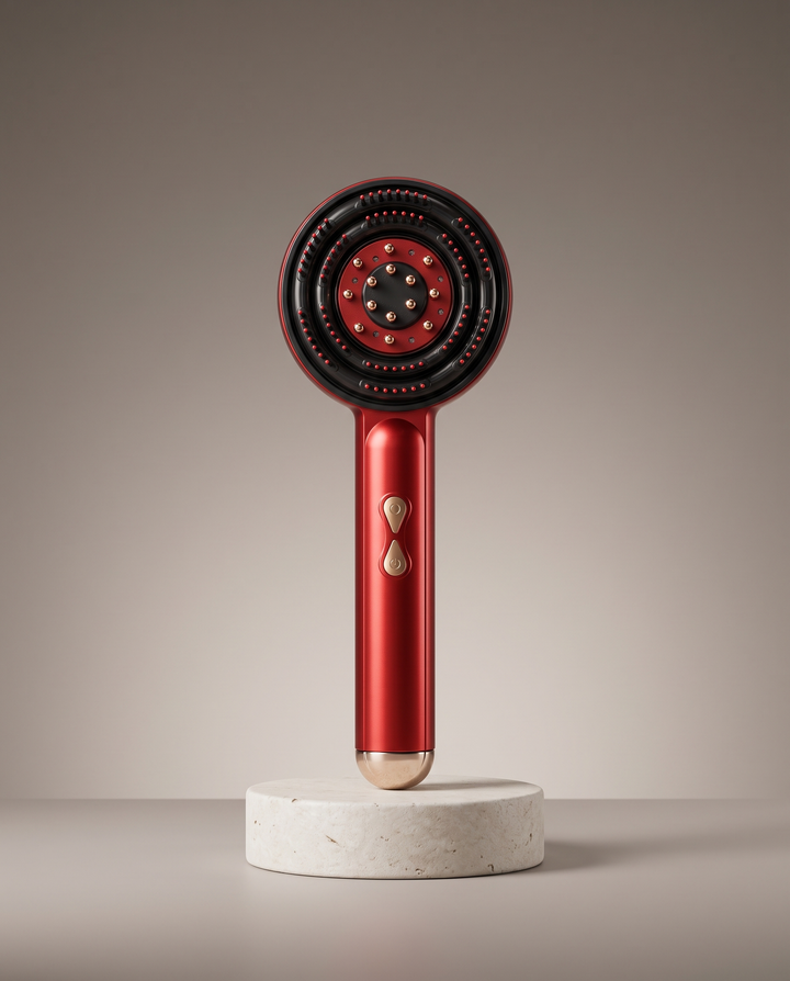 Rootwave V2 scalp massager on a stone plinth, editorial still life