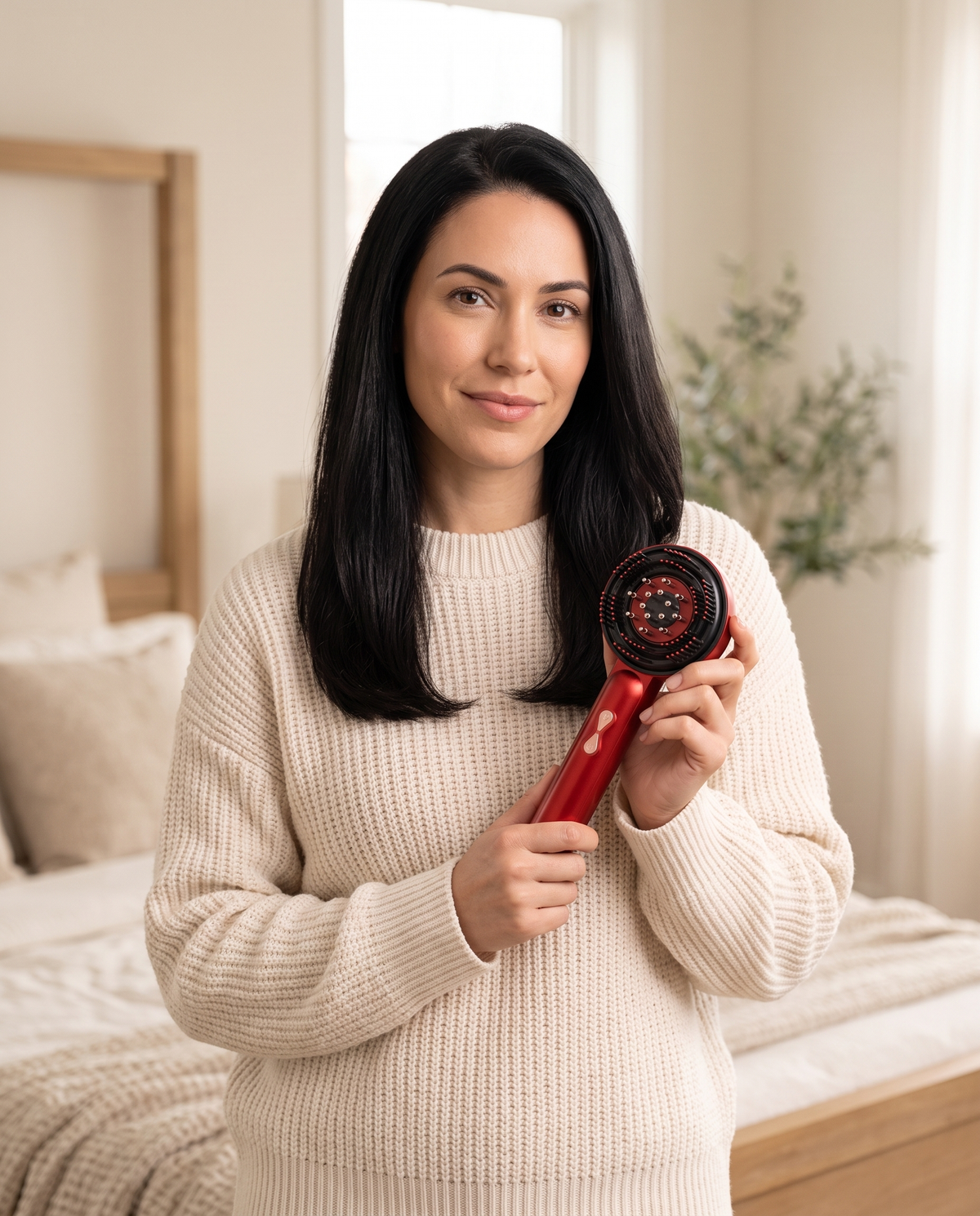 Woman holding the Rootwave V2 scalp massager, lifestyle portrait