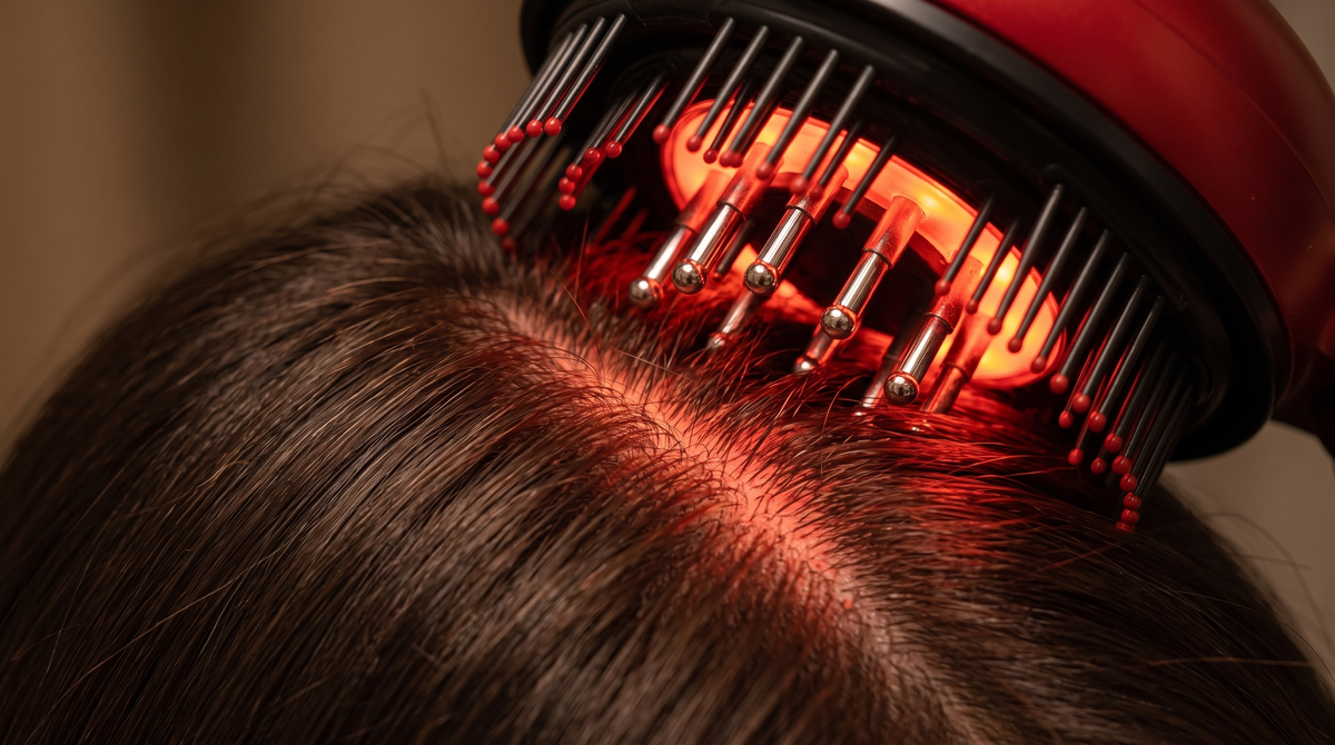 Rootwave V2 light reaching the scalp through a hair parting